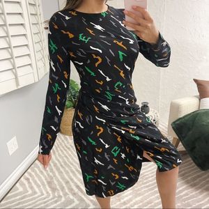 Givenchy Womens Size 4 US Dress 100% Silk Midi Wrap Printed Pattern Long Sleeve